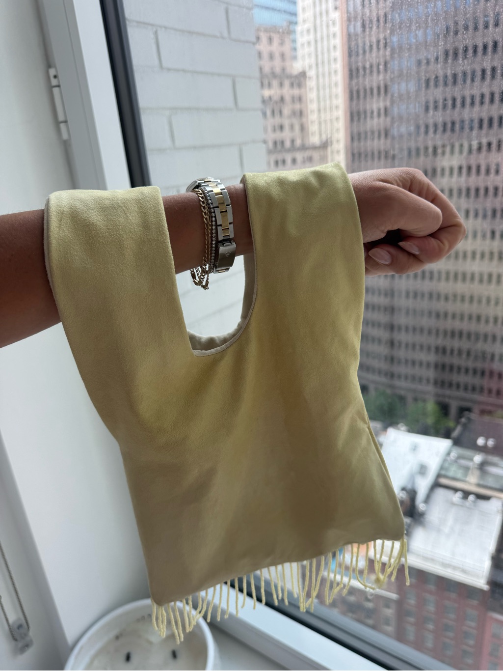 Yellow Fringe Leather Hand Knot Bag